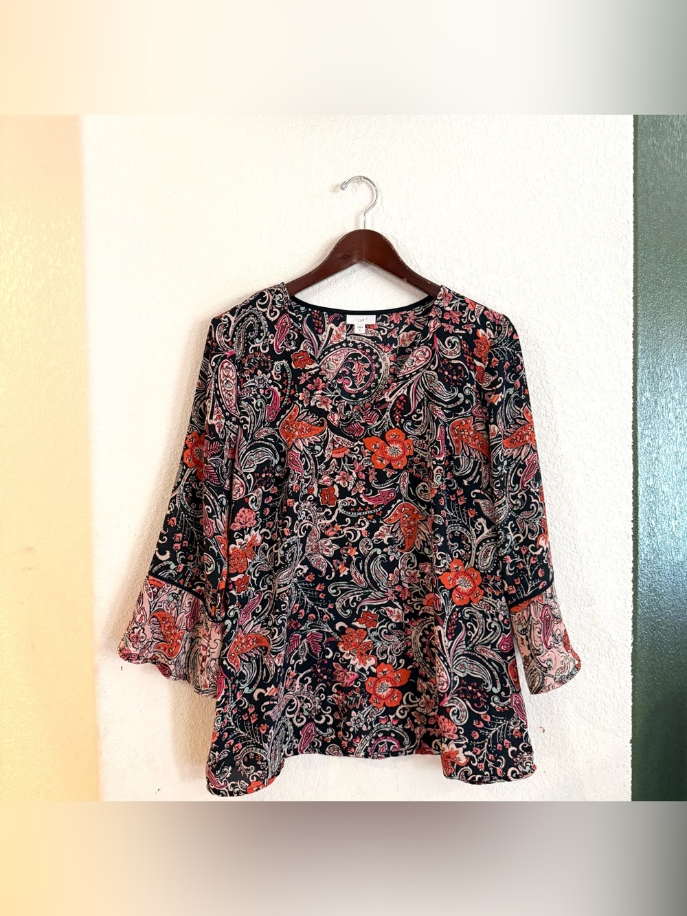 J Jill Womens Shirt Blouse Navy Blue Pink Floral Paisley 3/4 Sleeve Size Large T